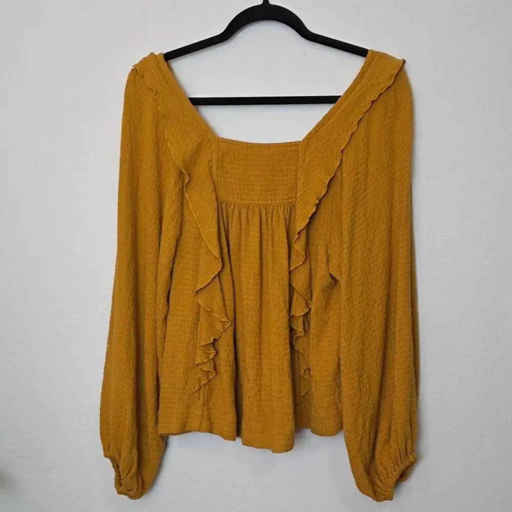 FREE PEOPLE Bonnie Ruffle Long Sleeve Peasant Top In Marigold Relaxed Fall Sz XS
